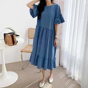 [유야]여성 면 무지 셔링 프릴 반팔 롱 원피스 SOP0341 여름