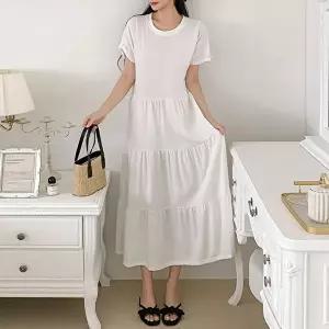 [유야]여성 면 무지 반팔 셔링 프릴 롱 원피스 SOP0538 여름