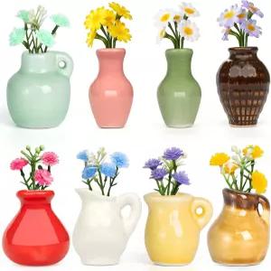 삼리어 8PCS 미니 세라믹 꽃병 냉장고 자석 인공 꽃이 달린 귀여운 작은 사무실 및 주방 캐비닛 장식용