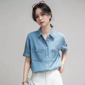 여자데님셔츠 무지 반팔 데님 여름 얇은 셔츠 래쉬가드 상의 ible2