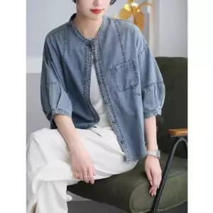 여자데님셔츠 무지 여름 반팔 데님 셔츠 라운드 캐주얼 슬림핏 7부 소매 ible2