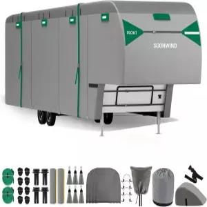 헤비 듀티 7단 5륜 RV 커버 캠핑카 및 여행 트레일러 31-34피트 방수 방풍 전천후 보호 거터 텅 잭 강화