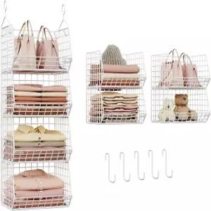X-코스락 4단 옷장 걸이 정리함 후크 5개가 달린 접이식 선반 세탁실용 와이어 보관 바구니 의류 스웨터