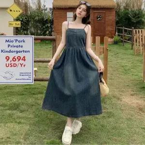 [하프클럽/]여자 롱원피스 데님 원피스 스모크 민소매 청원피스