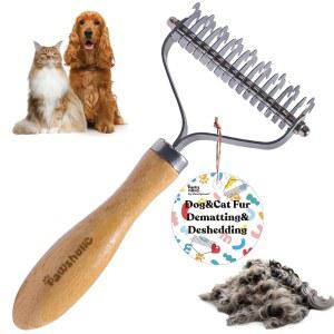 개를 위한 포숄릭 언더코트 갈퀴 - 나무 손잡이가 있는 전문 반려동물 털 제거 빗, 반려묘를 스테인리스 스틸 칼날 매트 엉킴
