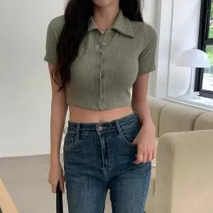 [옷자락]여자 카라넥 골지 크롭 버튼 반팔티