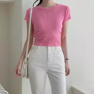[옷자락]여자 라운드넥 골지 슬림핏 밑단 레이스 반팔T