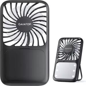 가이아탑 휴대용 선풍기 3단 LED 메이크업 미러 빛 포함 데스크탑용 접이식 스탠드 충전식 미니 개인용