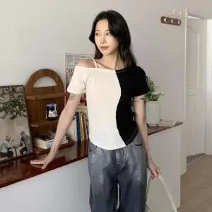 [옷자락]여자 원숄더 골지 하프 배색 끈 오프숄더 티셔츠