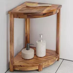 홀라나 18인치 티크 코너 샤워 스툴 - 보관 선반이 있는 벤치 발 받침대 및 면도 실내용 컴팩트