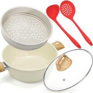 WUWEOT 4 Qt 세라믹 육수 냄비, 논스틱 수프 냄비, 무독성 요리 조리기구, 찜통 바구니와 나무 손잡이가 있는 다용도 네덜란드 오븐, 범용 베이스( , 전기 및 인덕션)