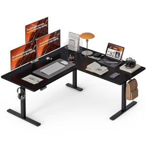 그랜드 63 x 55 인치 L자형 스탠딩 데스크, 전기 높이 조절 가능한 코너 스탠드 업 좌식 테이블 홈 오피스 테이블, 블랙 탑 프레임