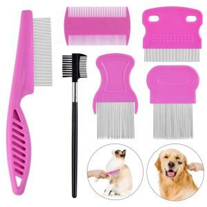 고양이 개를 위한 6팩 벼룩 빗, 둥근 이빨을 가진 스테인리스 스틸 개 그루밍 양면 눈물 얼룩 제거기, 소형, 중형 및 대형 반려동물에게 이상적인 고양이를 디매팅 빗 (핑크)