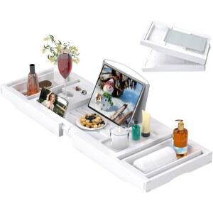 욕조용 욕조 캐디 트레이, 접이식 욕실 테이블 책과 와인잔 홀더가 있는 대나무 선반, 고급 스파 또는 독서에 적합한 액세서리, 흰색