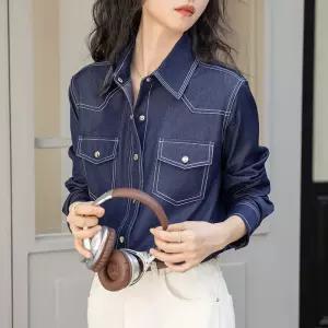 포뇨 여성 데님 셔츠 봄가을 레이어드 빈티지긴팔 상의 OPH3