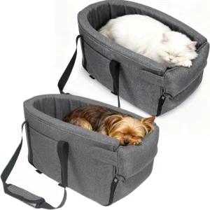 소형 개 및 고양이 카시트 탈착식 시트 콘솔 핏 조절 가능한 스트랩 수납 포켓 클립온 목줄 - 15파운드