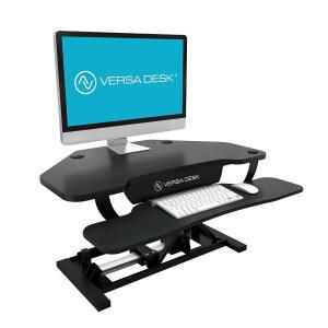 VersADESK PowerPro 36인치 코너 스탠딩 데스크 컨버터, 모터식 높이 조절 스탠드업 책상 라이저 좌식 데스크톱, 키보드 및 마우스 트레이 + USB 충전 포트, 블랙