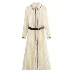 EAMT 여성용 원피스 봄 배색 스트릿 플리츠 벨트 YJ1