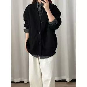 슬램덩크 남친 블랙 니트 오피스룩 가벼운 봄가을 카디건 브이넥 직장 HO3