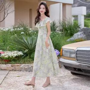 타노스원피스 여친 여름 바캉스 롱스커트 쉬폰 데일리룩 어깨 일자 프린트 KUK2