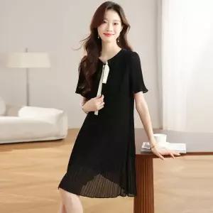 타노스원피스 치마 여성용 블랙 캐주얼 여름 통통 데일리룩 쉬폰 슬림핏 플리츠 KUK2