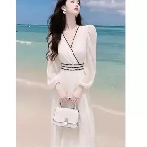 타노스원피스 치마 여성용 가을 캐주얼 해변 바캉스 쉬폰 럭셔리 브이넥 슬림핏 데일리룩 KUK3