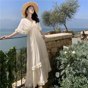 EAMT 원피스 여자 하계 해변 쉬폰 롱스커트 프렌치 브이넥 바캉스 소프트 EUNG1