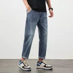 썬더볼츠 청 남성용 데님바지 배기핏 청바지 봄여름 트렌드 자수 테이퍼드 배기 스판 9부 KKE2