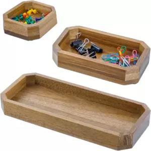 마이기프트 프리미엄 솔리드 아카시아 우드 팔각형 책상 정리함 트레이 사무용 문구 홀더 3개 세트