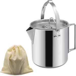 Zalaxt 캠핑 티 주전자 휴대용 1.2L 커피 포트 야외 손잡이 및 뚜껑이 있는 하이킹 피크닉 배낭여행 실버