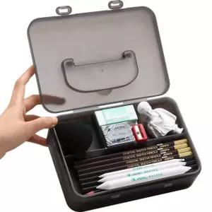 더블 레이어 반투명 아티스트 넓은 도구용 필통 손잡이가 있는 스케치 투명 그리기 정리함 bla