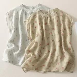 EAMT 여성 여름 프린트 얇은 라운드 민소매 시스루 셔츠 톱 YJ2