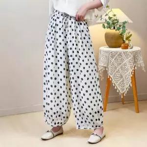 EAMT 빈티지 여름 캐주얼 바지 여사친 도트 모시 이중 프린트 밴딩 9부 YJ2