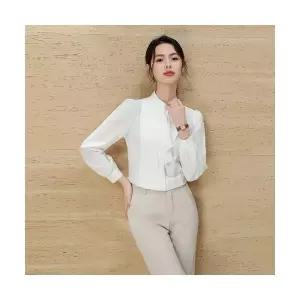 EAMT 여성 봄가을 커뮤터 소매 칼라 스탠드 출근복 스트라이프 블라우스 셔츠 EUNG1