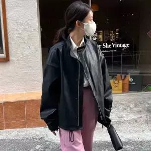스트레인지 검정 캐주얼 여성 자켓 코트 레더라이크 상의 데일리룩 PU 가죽 춘추미유럽 KUK3