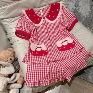 면 여름 MN 커플 봄가을 실내복 공주풍 반팔 잠옷세트 귀여운 잠옷 겉옷 긴바지 세트 OOTD1