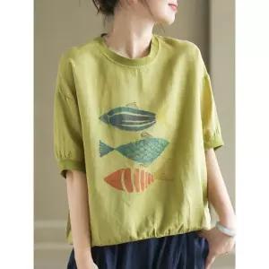 스파이더맨 여성용 프린트티 앤티크 패션 피쉬 프린트 모시 맨투맨 루즈 티셔츠 나사 날씬 OPH1