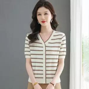 여자 니트 상의 속옷 티셔츠 반팔 브이넥티 쿨링 스트라이프 여름옷 브이넥 얇은 OP2