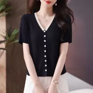 여성용 니트 티 상의 브이넥 여름옷 반팔 브이넥티 얇은 라이셀 OP2