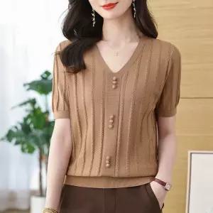 여성용 니트 봄 쿨링 상의 티 반팔 브이넥 브이넥티 얇은 여름옷 OP2