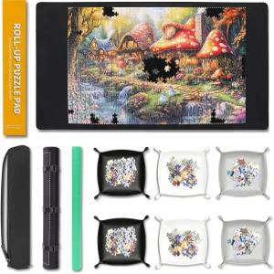 Lwoeo 직소 퍼즐 매트 롤업 1000개 부드러운 상단 세이버 패드 34.6인치 x 22.8인치 6개의 분류 트레이 및