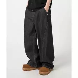 트릴리온 [기획] 커브드 와이드 절개 생지 데님 팬츠_블랙 489399