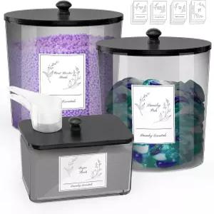 COAZEX 3팩 세탁 파우더 용기 및 건조 시트 홀더 뚜껑이 있는 플라스틱 세탁실 정리 보관 세제 향