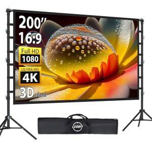스탠드가 있는 200인치 야외 프로젝터 스크린: 조절 가능한 삼각대, 앞뒤 프로젝션 주름 없는 영화 스크린, 뒷마당 영화의 밤을 위한 운반 가방이 있는 LEORFI 대형 프로젝션 스크린