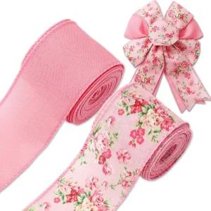 JarThenaAMCS 봄 빈티지 플로럴 와이어 가장자리 리본 레트로 플라워 공예 핑크 장식용 패브릭 DIY 화환 활