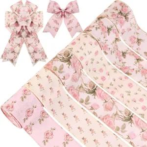 6롤 빈티지 로즈 와이어 엣지 리본 핑크 플로럴 프린트 패브릭 선물 포장용 활 화환 결혼식 생일 신부 샤워