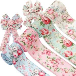 JarThenaAMCS 스프링 플로럴 와이어 엣지 리본 수채화 빈티지 플라워 핑크 로즈 장식 패브릭 화환 활