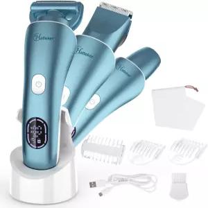 해터커 여성용 전기 면도기 비키니 트리머 다리용 언더암 공용 털 LED 디스플레이 IPX7 방수 선물 블루