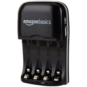 USB 포트, 휴대용, 여행 친화적, 과충전 방지, 블랙이 포함된 AA 및 AAA Ni-MH 배터리용 아마존 베이직 충전식 배터리 충전기
