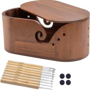 코바늘 뜨개질용 타원형 원사 그릇 대형 홀더 뚜껑이 있는 수제 및 갈고리 9개 보관 정리함